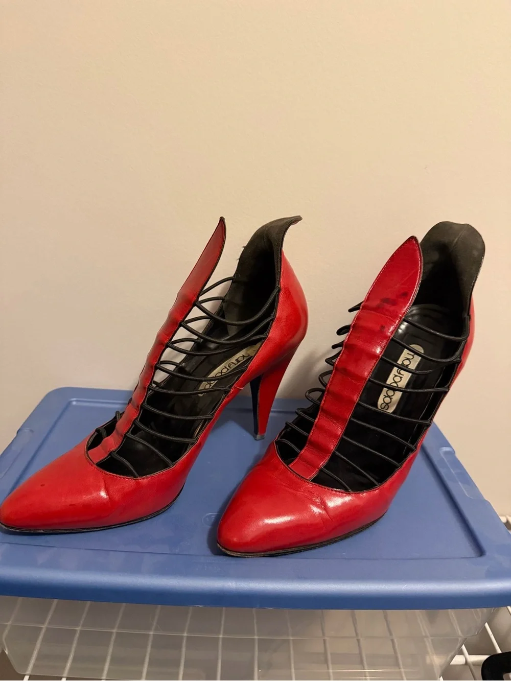 Red Ladder-Strap Pointed-Toe Stiletto Heels
